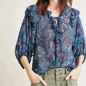 Anthropologie Women’s Haida Peasant Top Size S Sheer Navy Paisley Floral…
